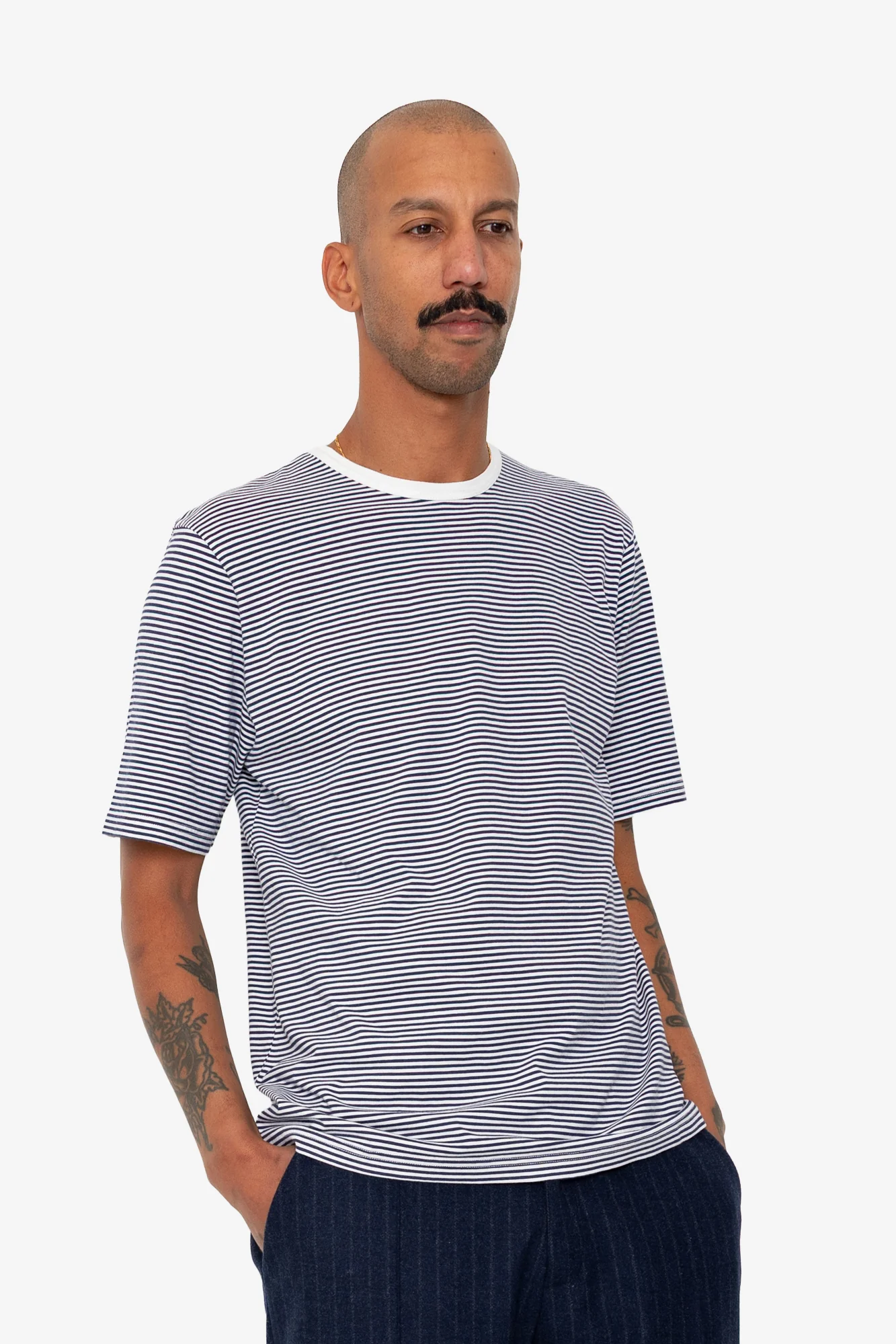 1x1 Striped T-Shirt - Bright Navy / Ecru - Image 6