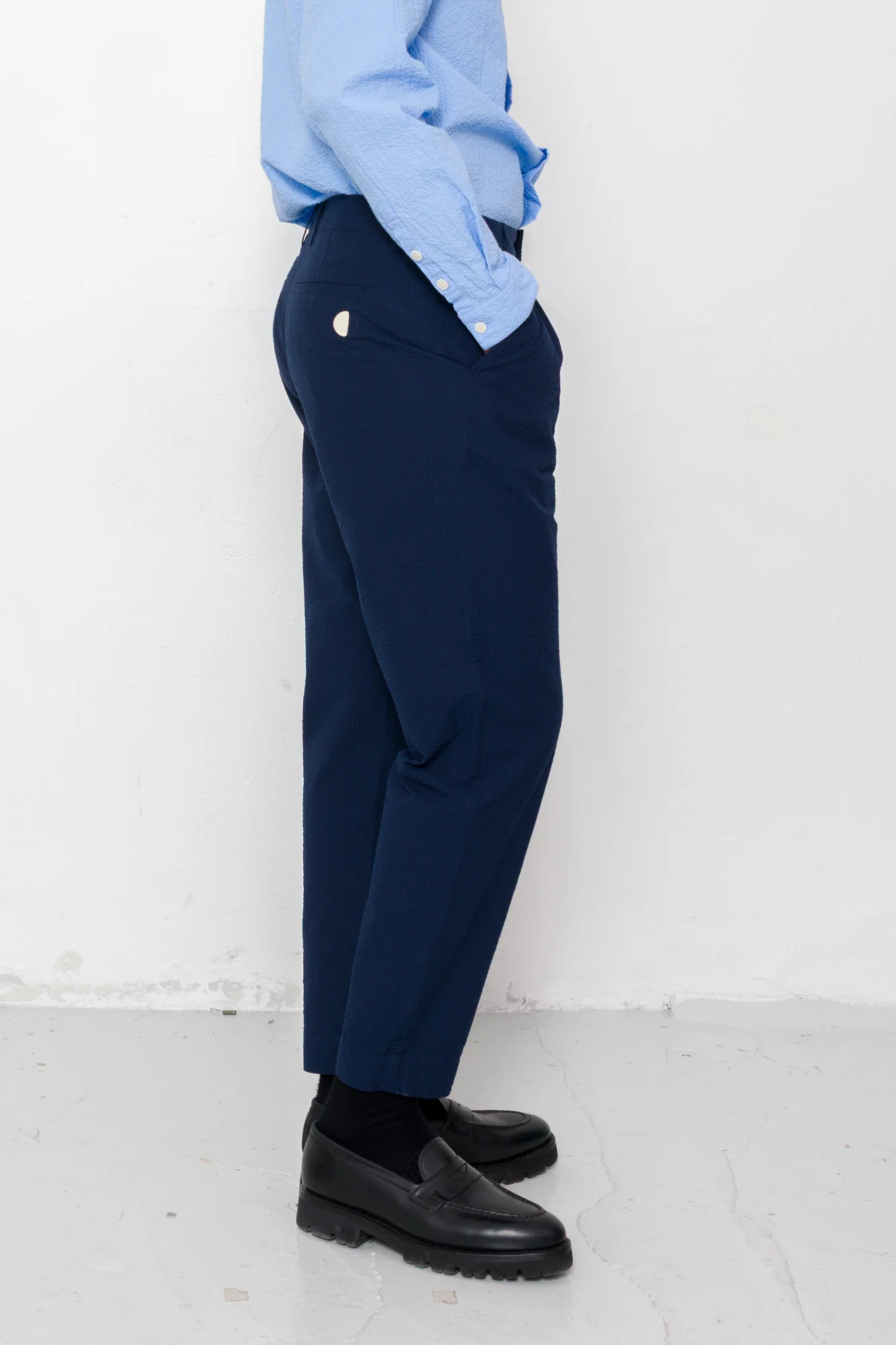 Assembly Suit Trouser - Navy Crinkle Stripe - Image 6