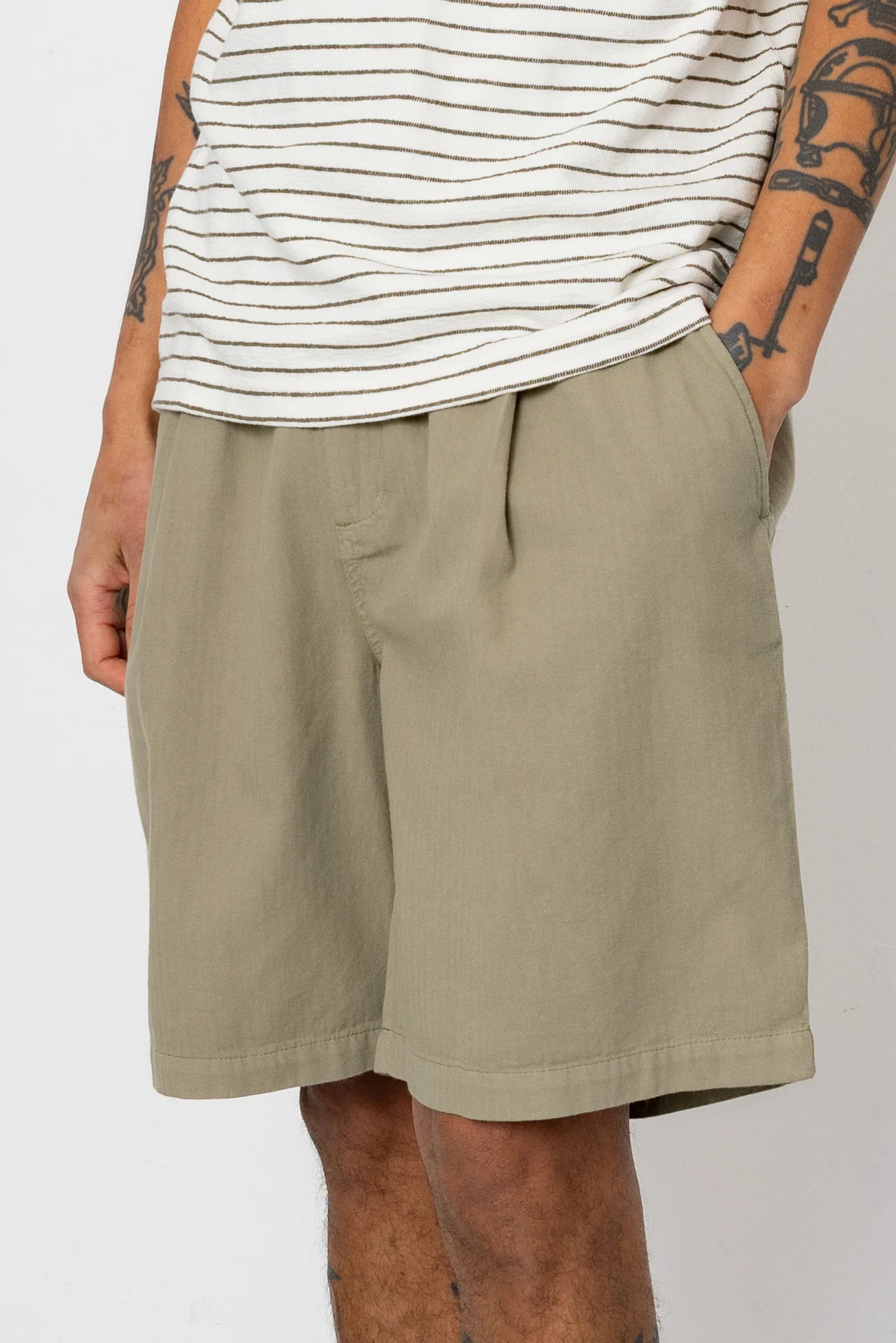 Elasticated Wide Fit Short - Silver Sage Herringbone - Image 3