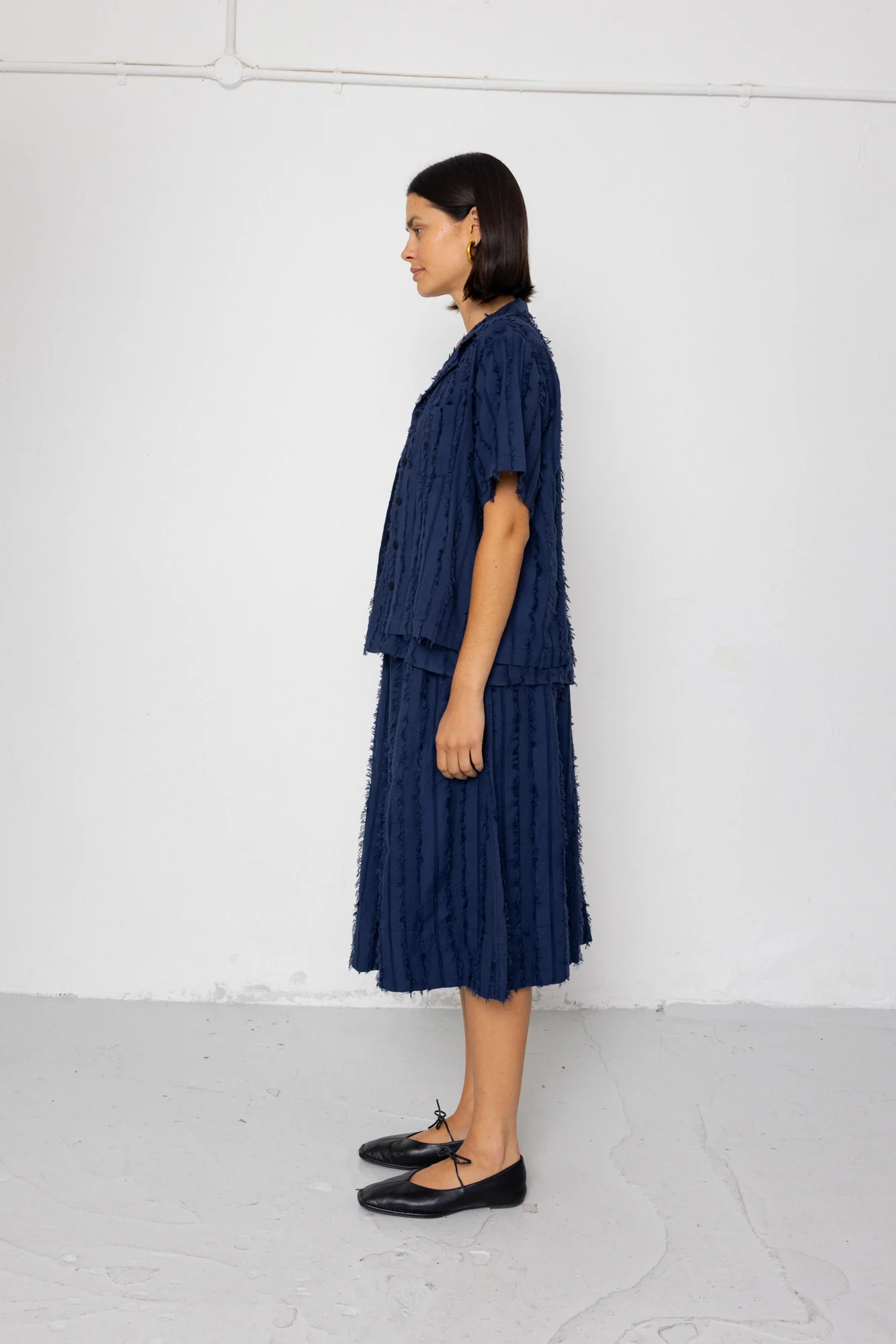 Short Sleeve Soft Collar Shirt - Dark Navy Cutwork Stripe - Image 4