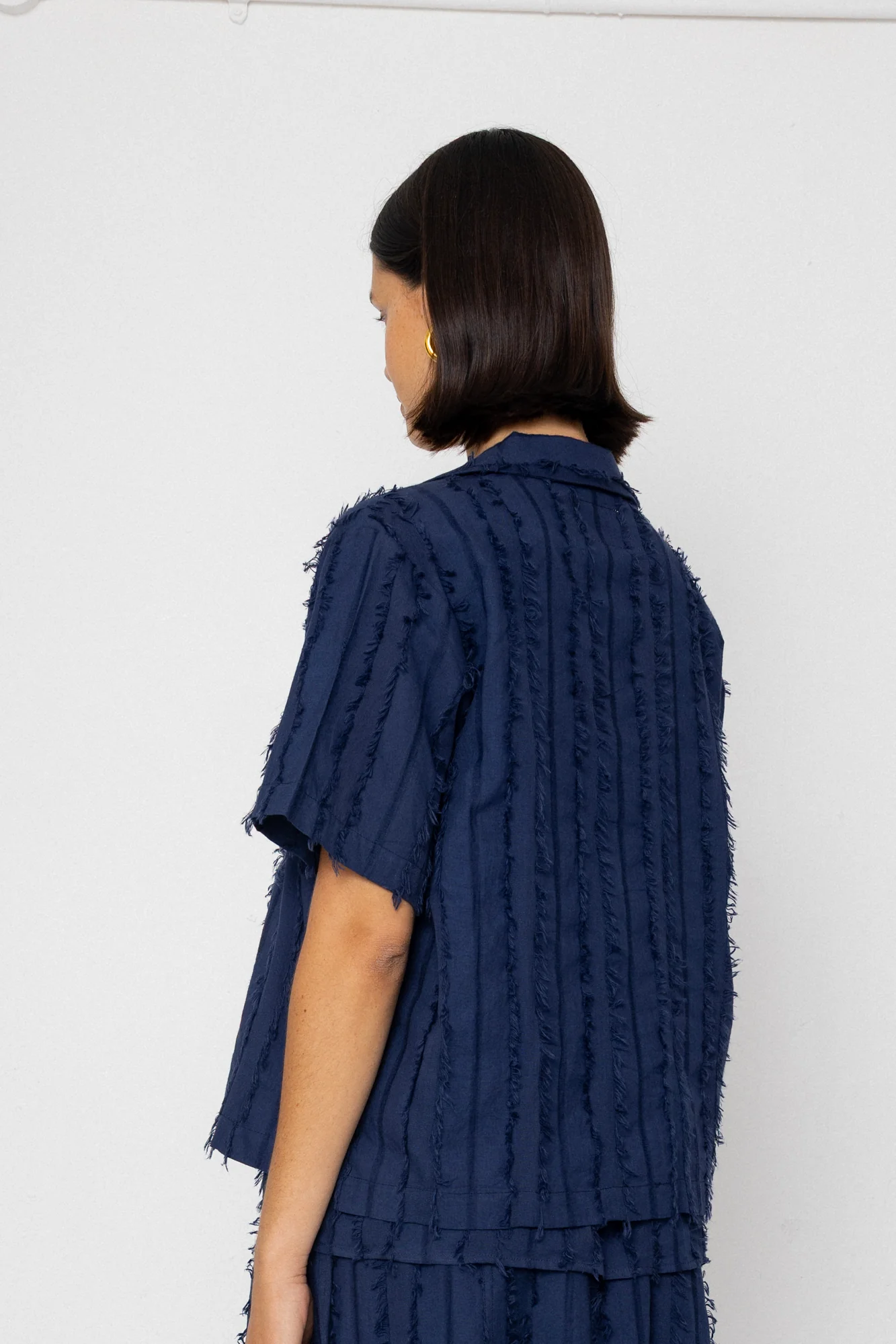 Short Sleeve Soft Collar Shirt - Dark Navy Cutwork Stripe - Image 7