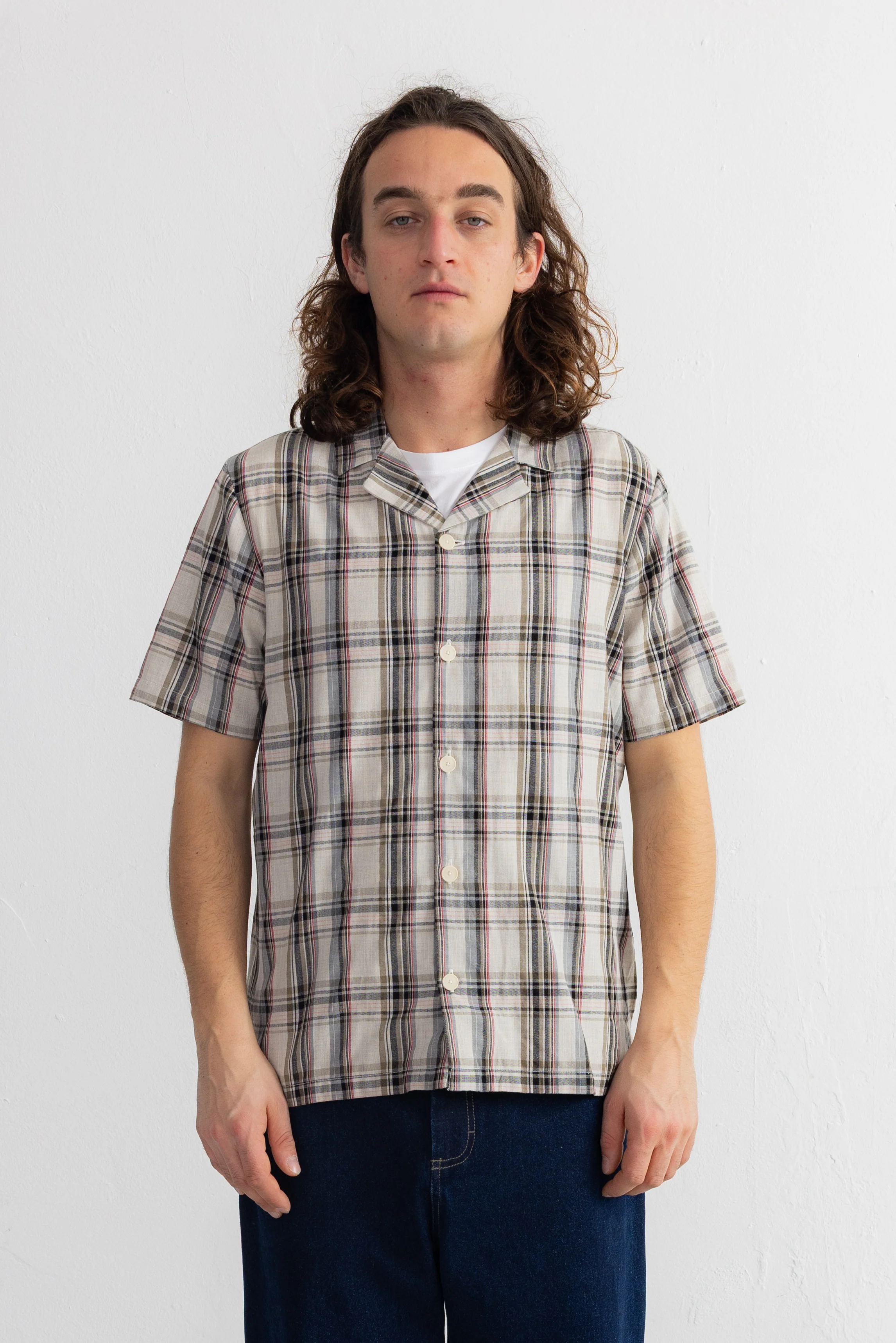 Short Sleeve Soft Collar Shirt - Natural Black Check