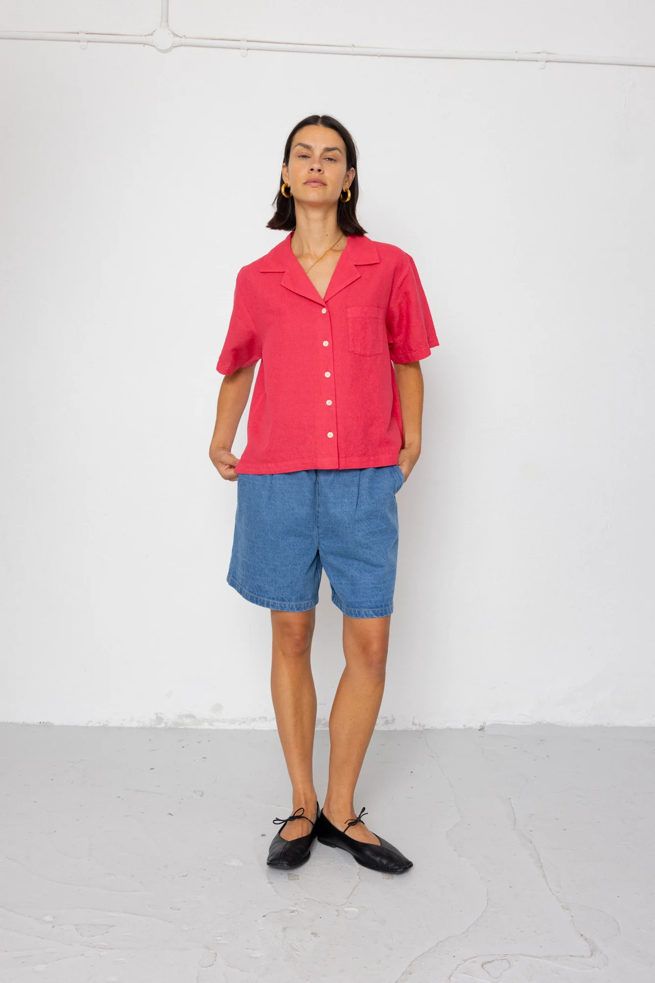 Short Sleeve Soft Collar Shirt - Rose Red - Image 3