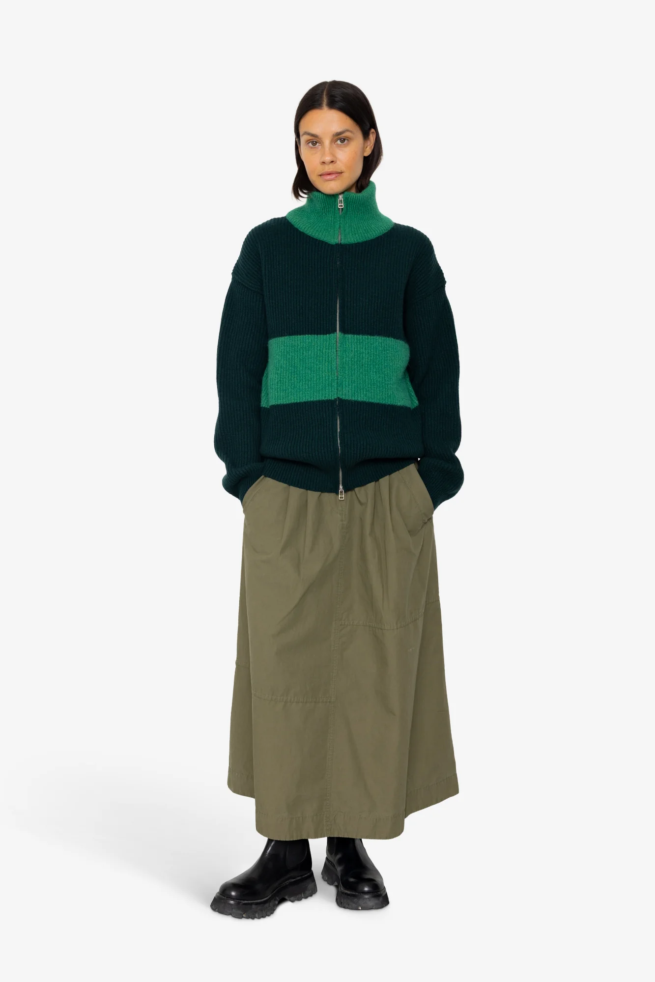 Zip Through Jumper - Dark Green Bright Green - Image 6