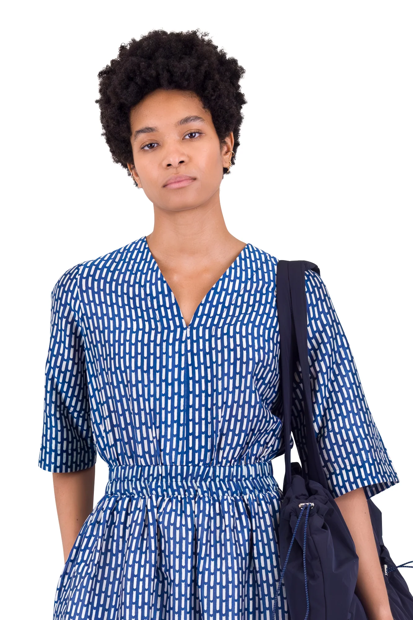 Gathered Dress - Cobalt Ecru Dash Print - Image 6