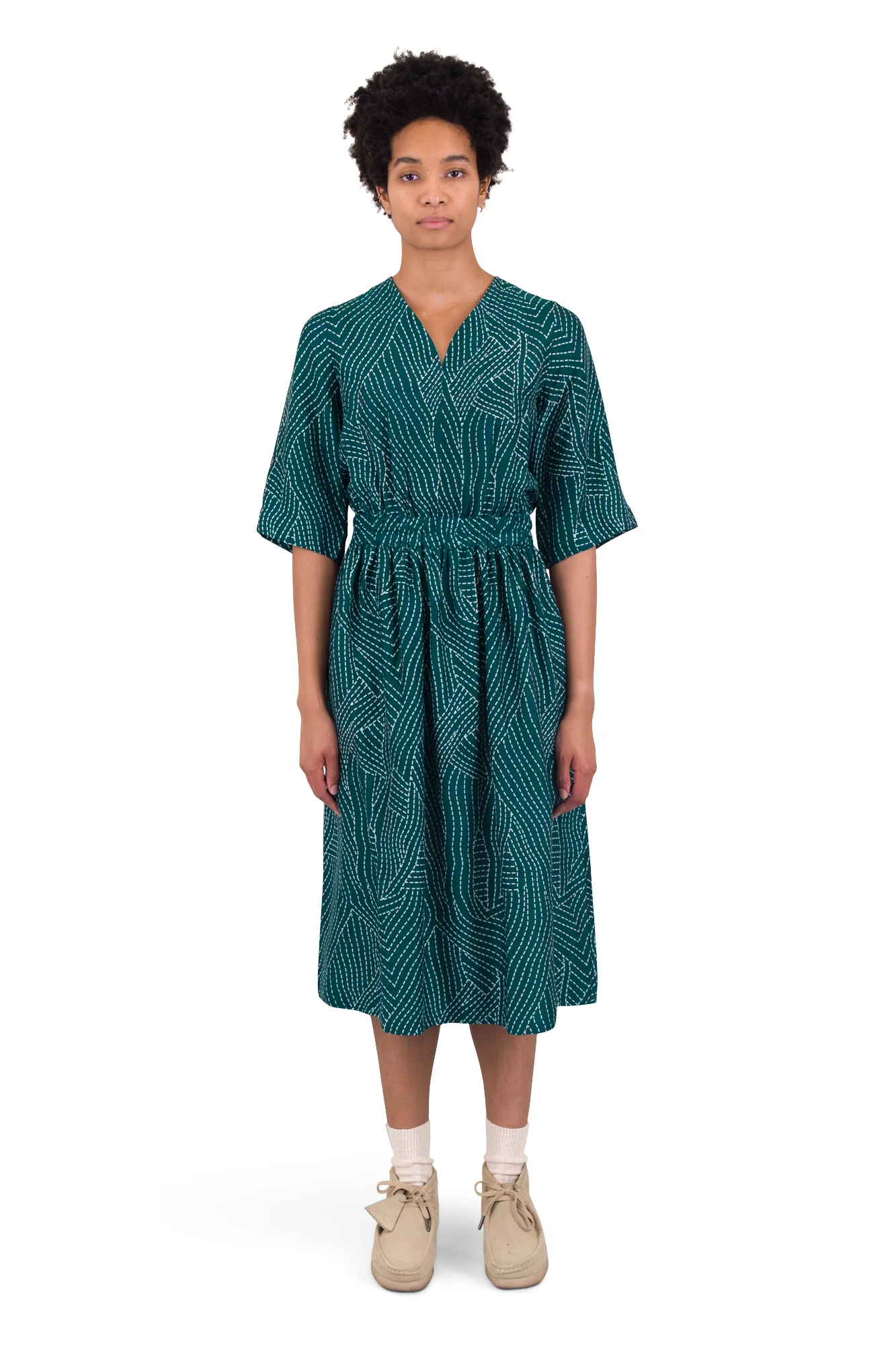 Gathered Dress - Vintage Green Stitch Print - Image 2